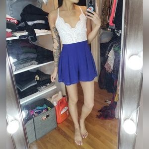 White and blue lace crochet romper